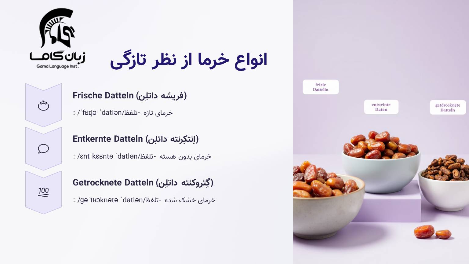 خرما به آلمانی + مثال در جمله 2 انوع خرما به آلمانی