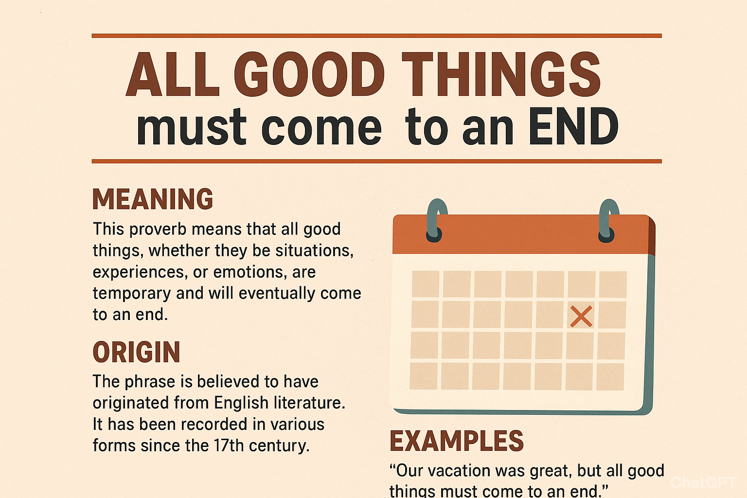 معنی all good things must come to an end چیست؟ 1 all good things must come to an end